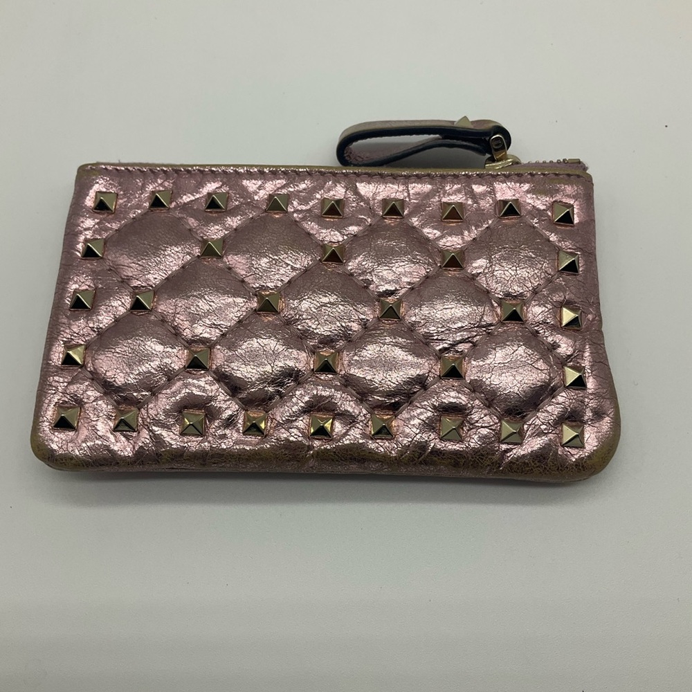 Valentino Pink Metallic Quilted Patent Rockstud Zip Pouch/Key cles
